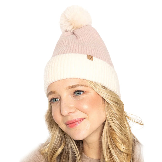 Women'S Winter Ribbed Knit Beanie with Faux Fur Pom Pom Hats Gifts for Her