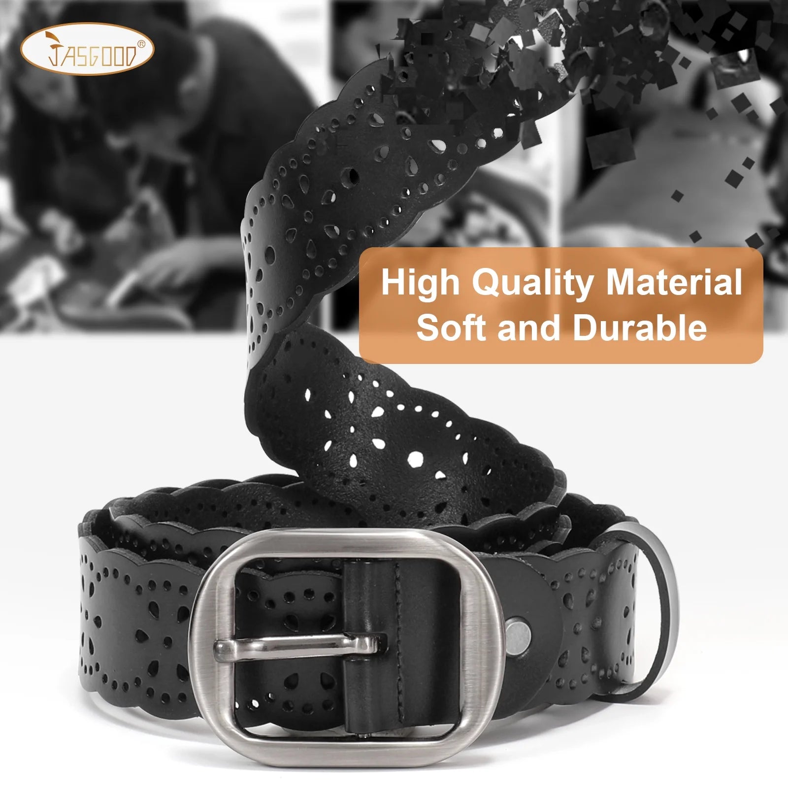 Women Leather Belts Hollow Flower Black Belt for Ladies Jeans