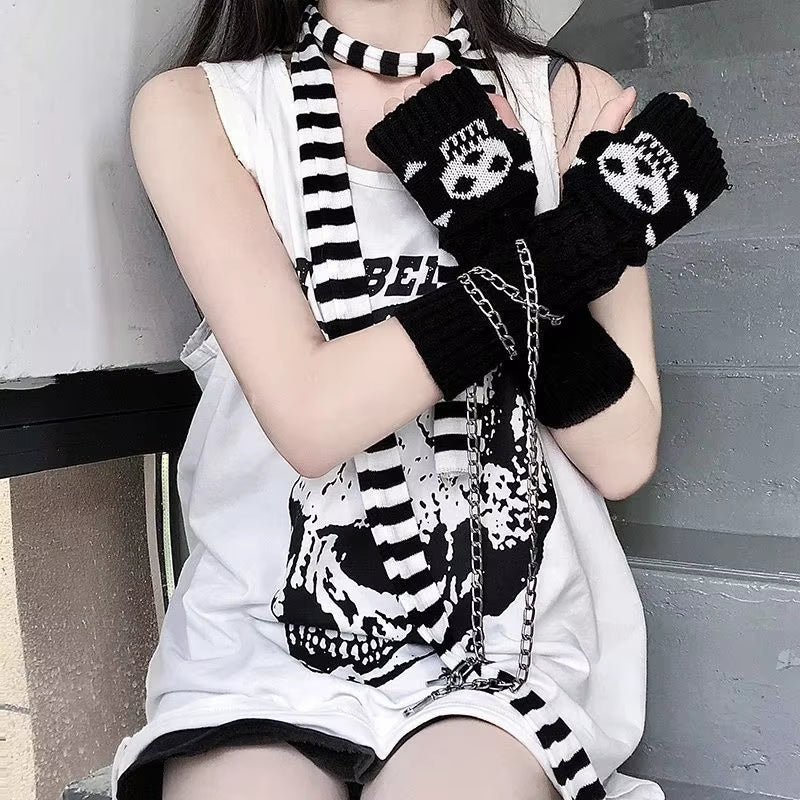 ❤️ Goth Black Metal Buckle Fingerless Long Gloves Punk Hole Half-Finger Y2K Oversleeve Arm Warmer Beggar Lolita Cosplay Sleeve