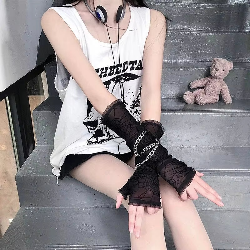 ❤️ Goth Black Metal Buckle Fingerless Long Gloves Punk Hole Half-Finger Y2K Oversleeve Arm Warmer Beggar Lolita Cosplay Sleeve